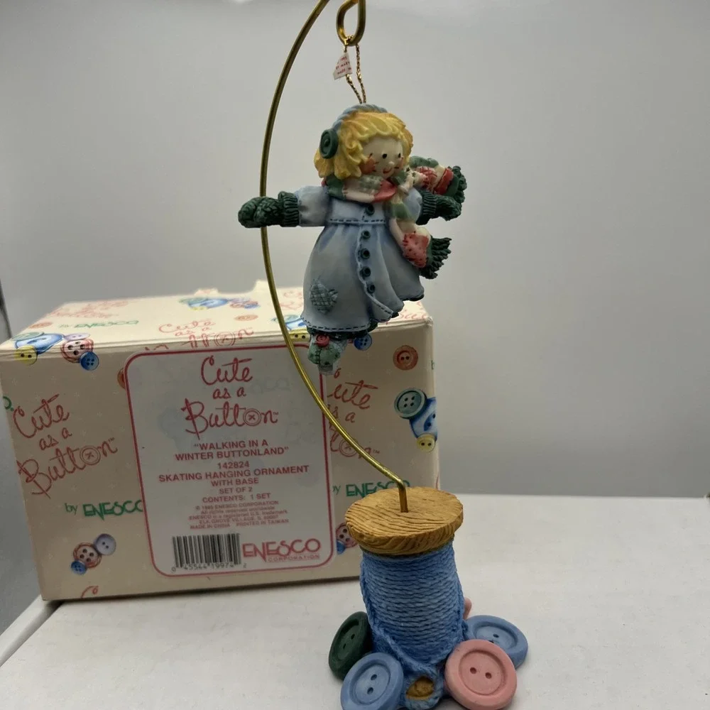 Vintage Enesco Skating Hanging Ornament With Base 142824 Cute As A Button In Box